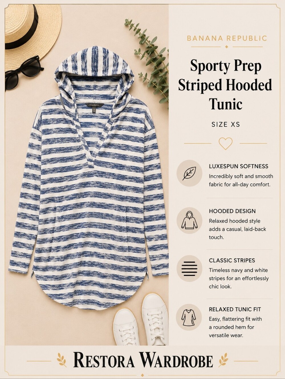 Banana Republic Sporty Prep Navy Stripe Hooded Tunic Sweater NWT XS